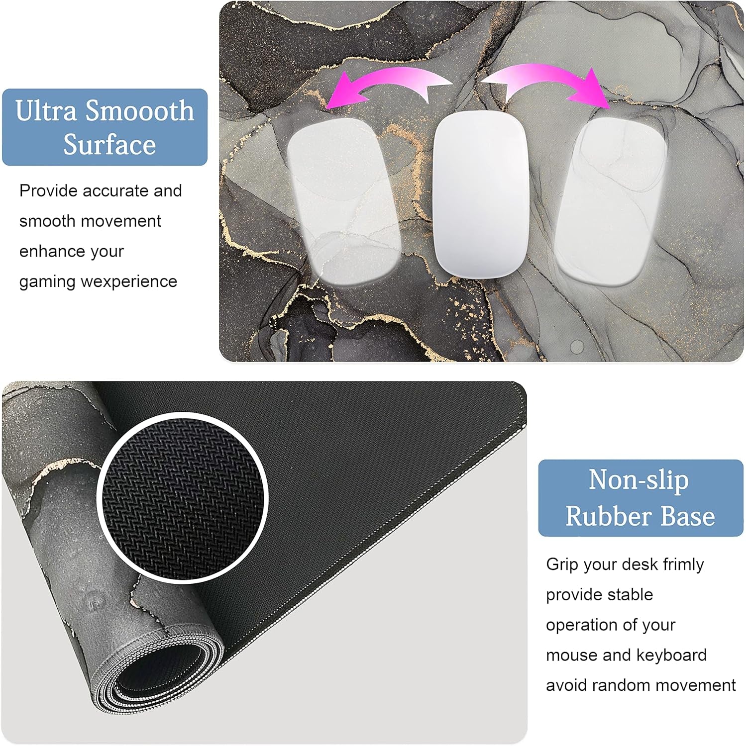 Desk Mat, Large Extended Gaming Mouse Pad XXL, Full Desktop Pad Black Grey Marble Stitched Edges Desk Pad Keyboard Mat for Computer, Laptop, Wireless Mouse, Men Mouse Mat 31.5X15.7 Inchs