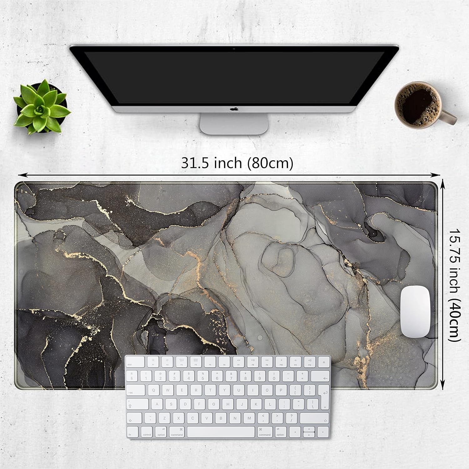 Desk Mat, Large Extended Gaming Mouse Pad XXL, Full Desktop Pad Black Grey Marble Stitched Edges Desk Pad Keyboard Mat for Computer, Laptop, Wireless Mouse, Men Mouse Mat 31.5X15.7 Inchs