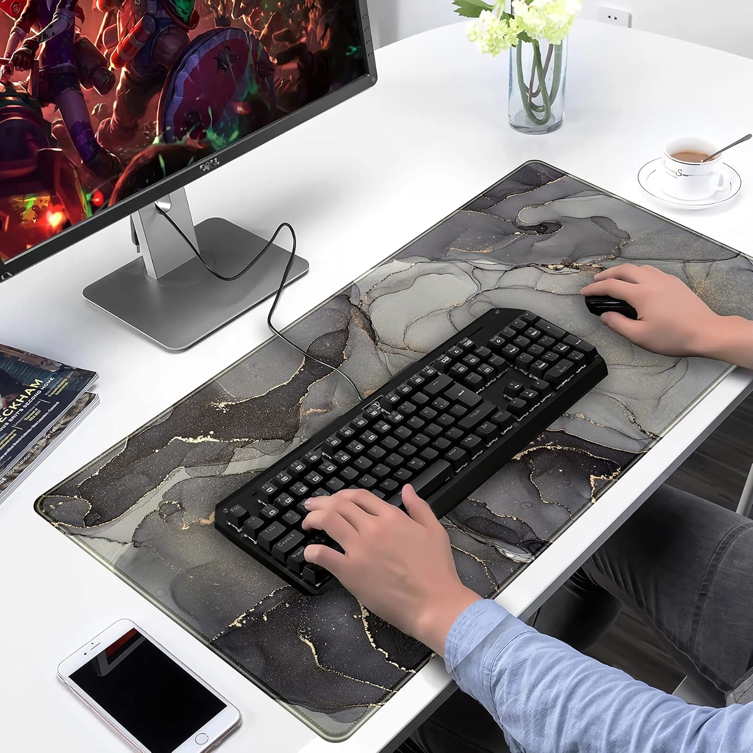 Desk Mat, Large Extended Gaming Mouse Pad XXL, Full Desktop Pad Black Grey Marble Stitched Edges Desk Pad Keyboard Mat for Computer, Laptop, Wireless Mouse, Men Mouse Mat 31.5X15.7 Inchs
