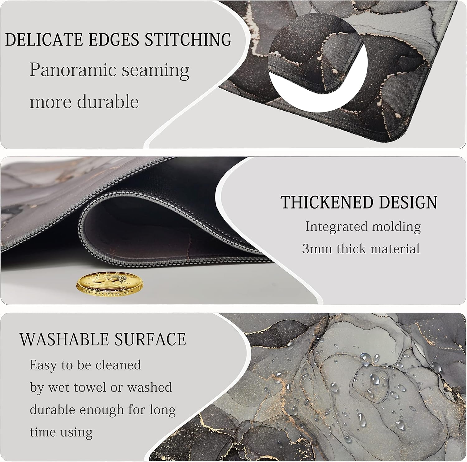 Desk Mat, Large Extended Gaming Mouse Pad XXL, Full Desktop Pad Black Grey Marble Stitched Edges Desk Pad Keyboard Mat for Computer, Laptop, Wireless Mouse, Men Mouse Mat 31.5X15.7 Inchs